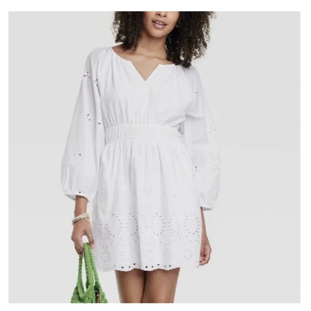 Universal Thread White Women's Puff 3/4 Sleeve Eyelet Dress NWT